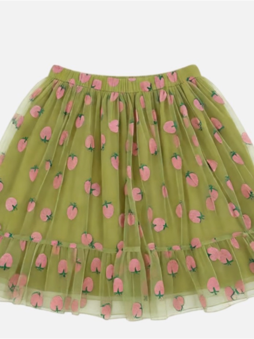 Green Tulle Skirt with Pink Strawberry Embroidery